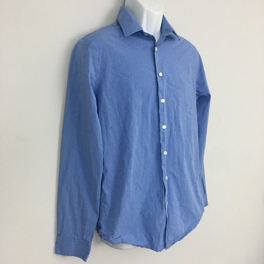 Express 1MX Mens 15-15.5 Blue Fitted Cotton Blend Button Up Collared Dress Shirt - Picture 5 of 8